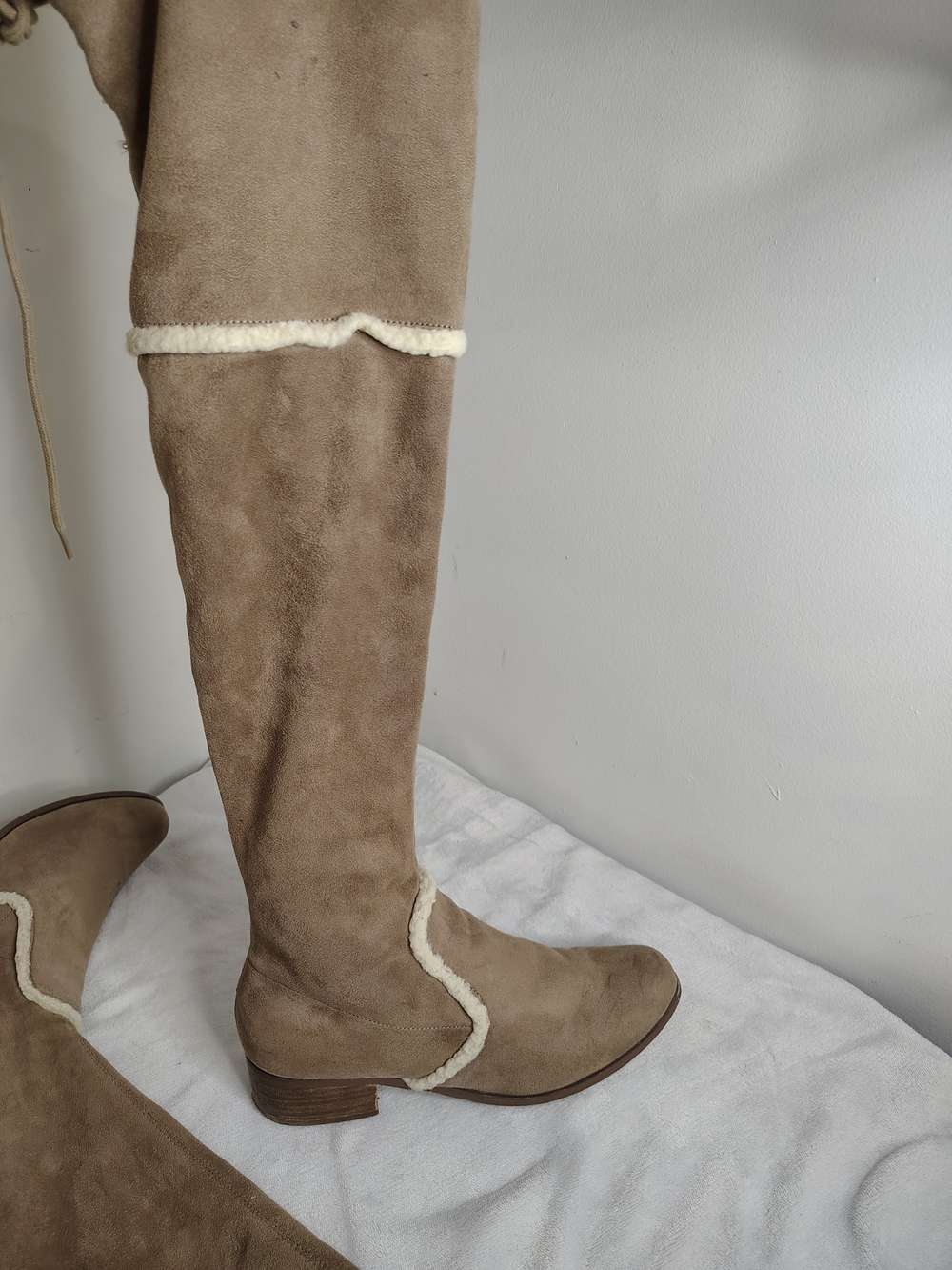 Women’s Taupe Over-the-Knee Faux Suede Boots with Shearling Trim